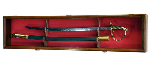 1 Sword and Scabbard Display Case Cabinet - Walnut Red Background - sfDisplay.com