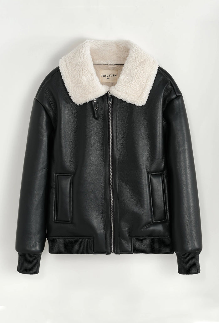 Blouson aviateur noir col sherpa beige homme bonhomme