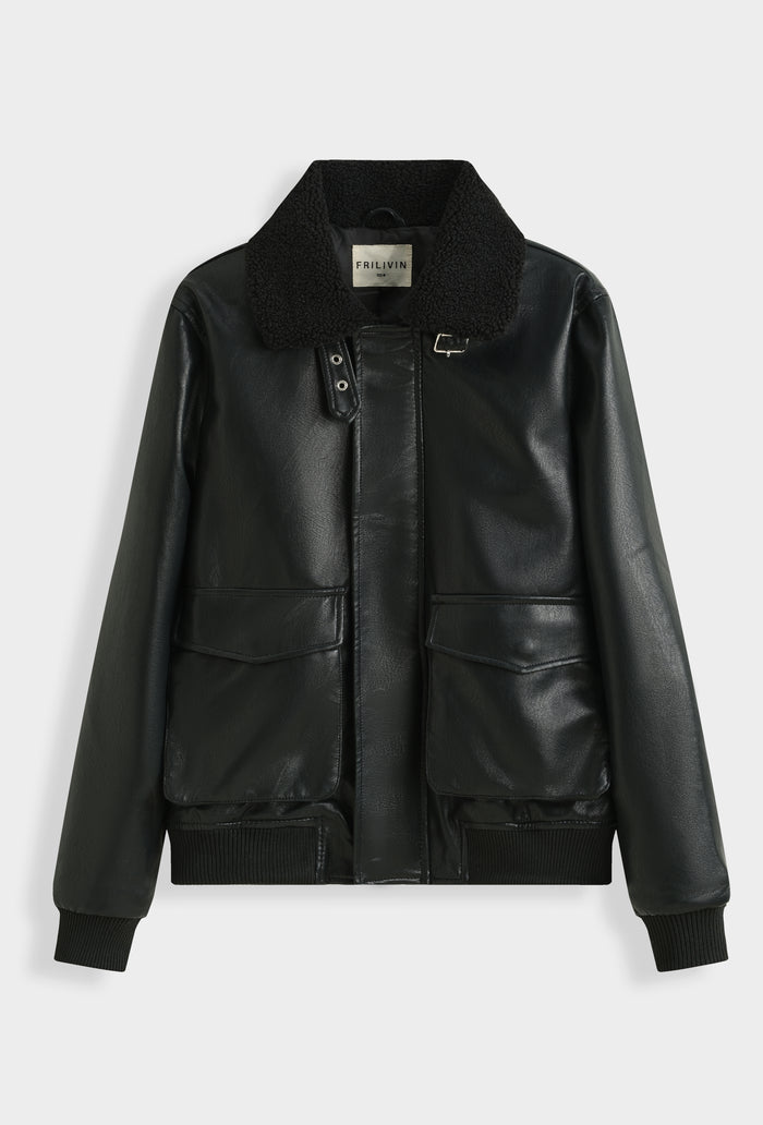 Blouson Aviateur Simili Cuir Col Sherpa