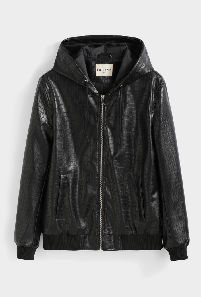 Blouson Homme à Capuche Simili Cuir Effet Croco