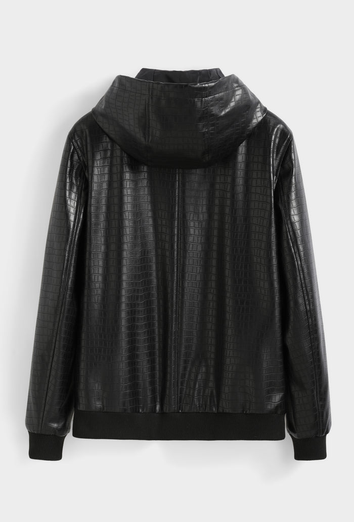 Blouson Homme à Capuche Simili Cuir Effet Croco