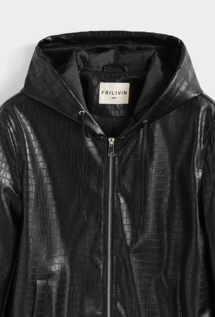 Blouson Homme à Capuche Simili Cuir Effet Croco