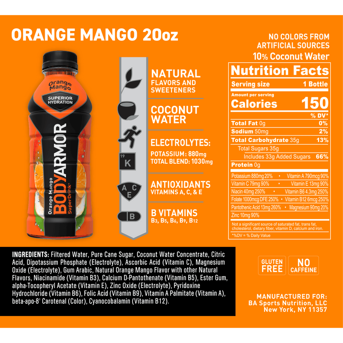 BODYARMOR Sports Drink Orange Mango, 20 fl oz, 6 Pack