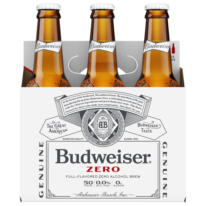 Budweiser Zero Non-Alcoholic Beer, 6 Pack 12 fl. oz. Glass Bottles, Domestic Lager, 0.0% ABV