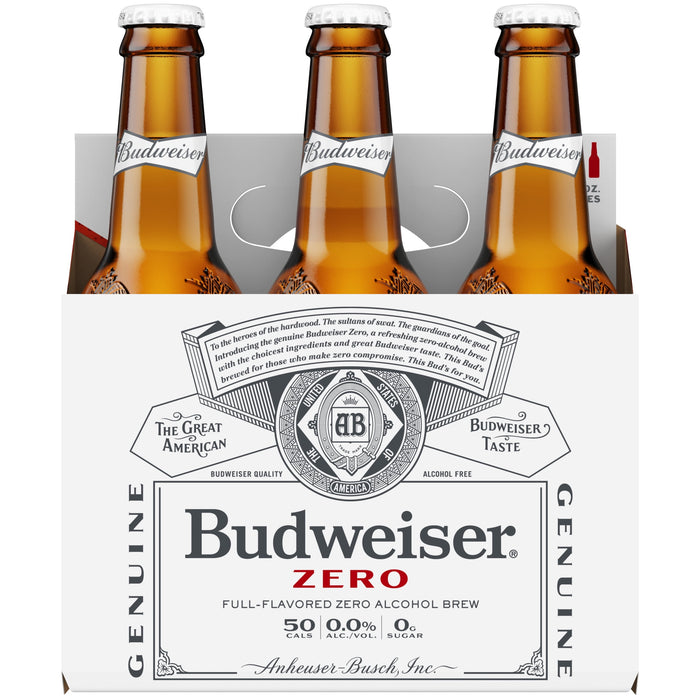 Budweiser Zero Non-Alcoholic Beer, 6 Pack 12 fl. oz. Glass Bottles, Domestic Lager, 0.0% ABV