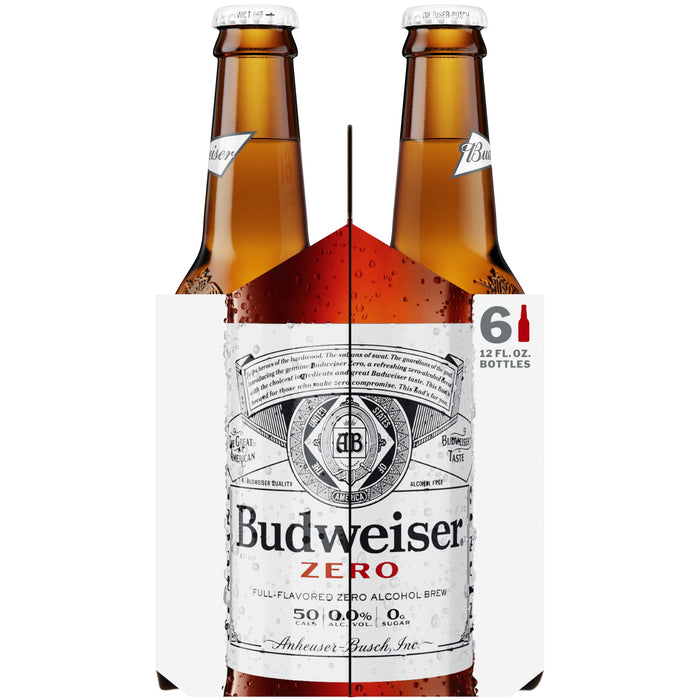 Budweiser Zero Non-Alcoholic Beer, 6 Pack 12 fl. oz. Glass Bottles, Domestic Lager, 0.0% ABV