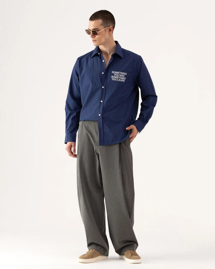 Chemise homme rayée marine manches longues broderie texte