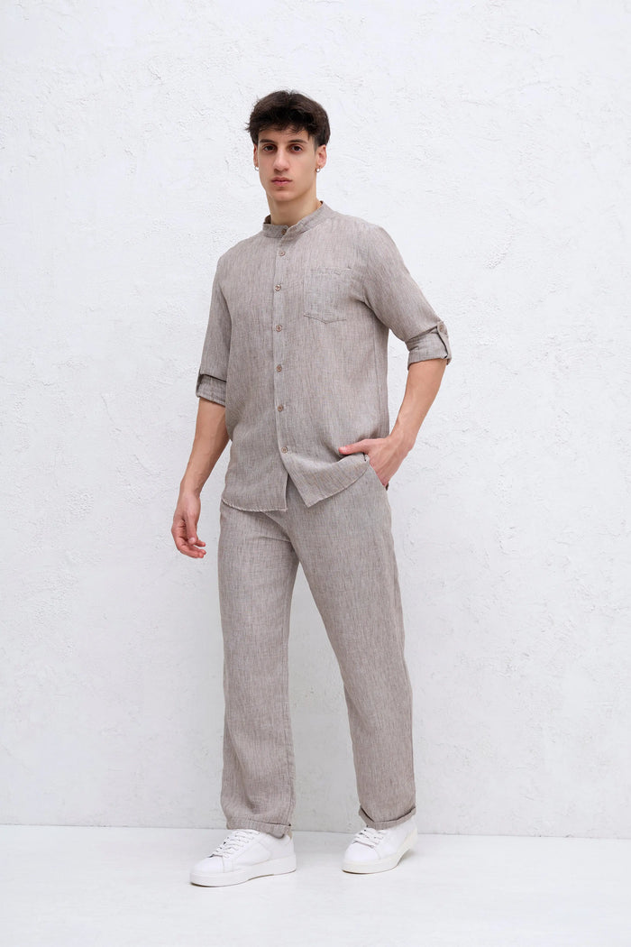 Ensemble Camel Chemise Col mao et pantalon bonhomme