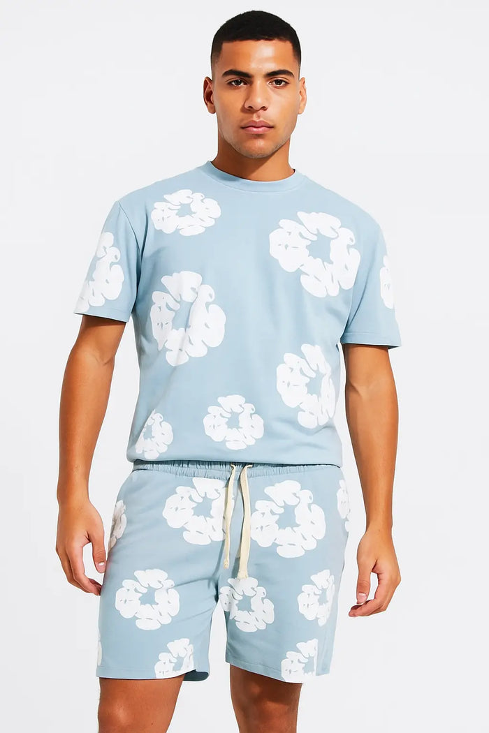 Ensemble Fleur Tee shirt et short Ciel blanc - bonhomme