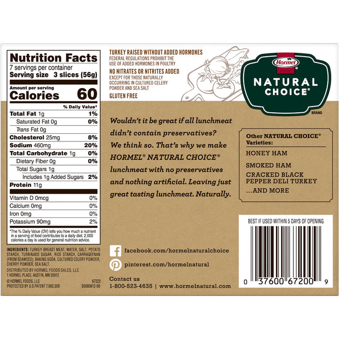 HORMEL NATURAL CHOICE Sliced Oven Roasted Deli Turkey Lunch Meat, 14 oz Resealable Plastic Package