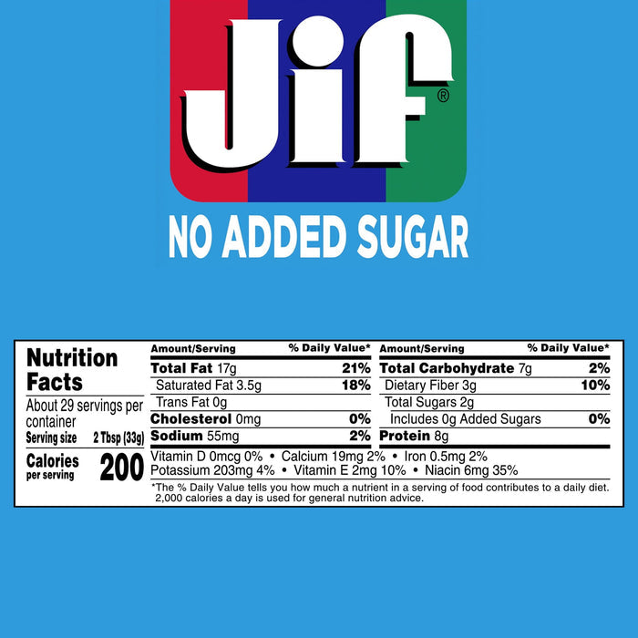 Jif No Added Sugar Creamy Peanut Butter Spread, 33.5 oz. - Smooth, Creamy Texture, No Stir Peanut Butter Spread