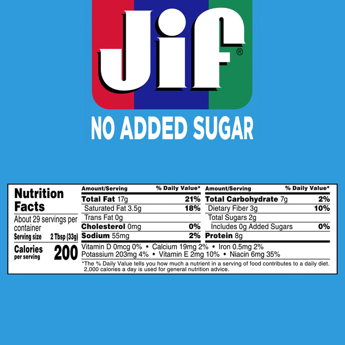 Jif No Added Sugar Creamy Peanut Butter Spread, 33.5 oz. - Smooth, Creamy Texture, No Stir Peanut Butter Spread