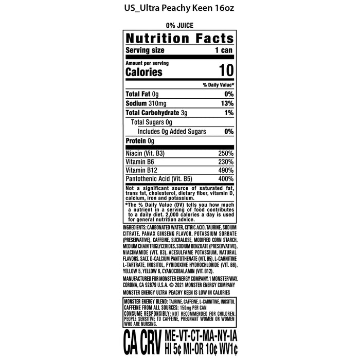 Monster Energy, Ultra Peachy Keen, Sugar Free Energy Drink, 12 fl oz, 6pk