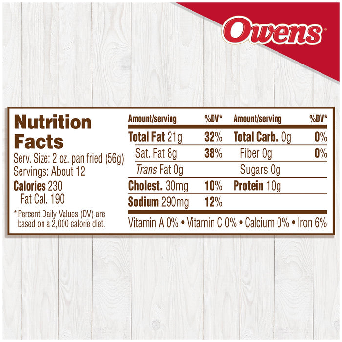 Owens Premium Pork Regular Sausage Roll, 32 oz (Fresh Sausage)