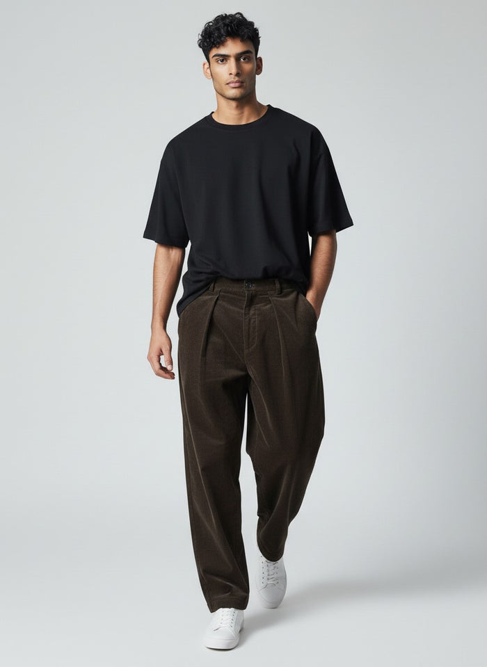 Pantalon Homme large à pinces velours côtelé taille haute