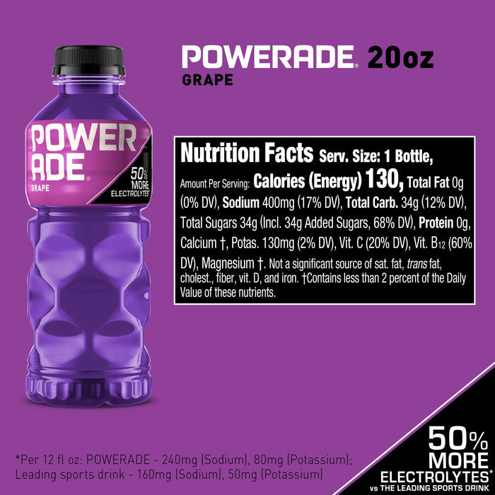 POWERADE Electrolyte Enhanced Grape Sport Drink, 20 fl oz, 8 Count Bottles