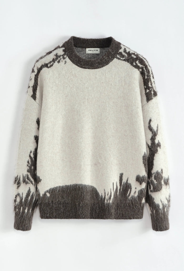 Pull Homme Beige Gris motifs bonhomme