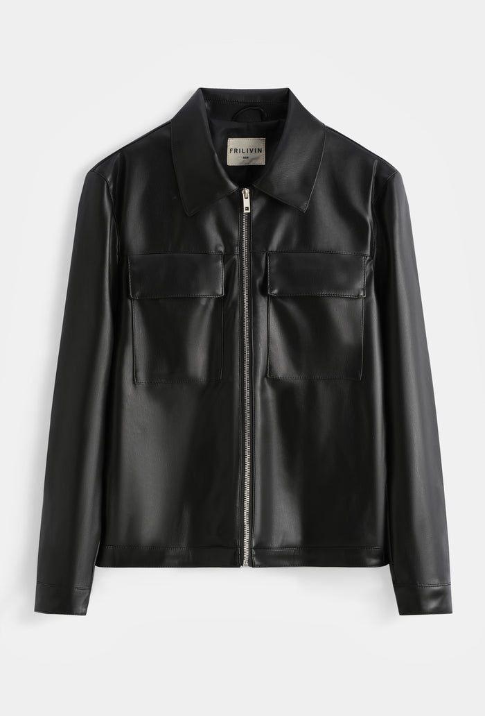 Veste chemise homme simili cuir poches plaquées