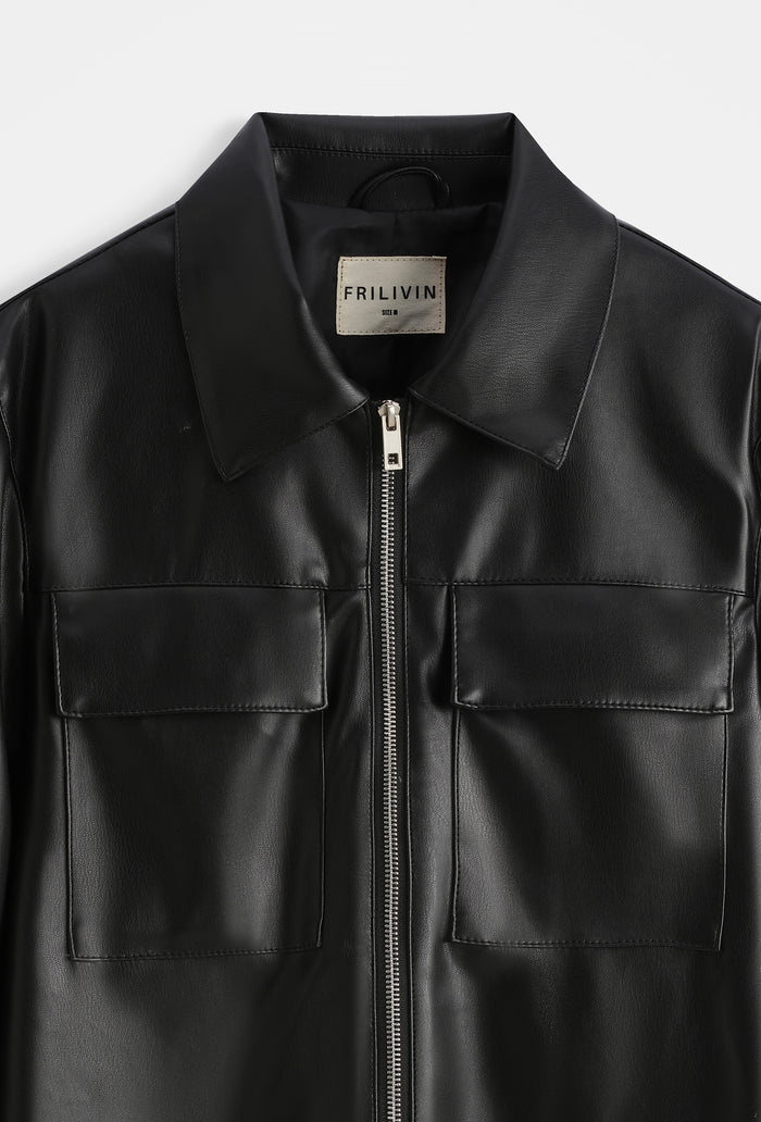 Veste chemise homme simili cuir poches plaquées