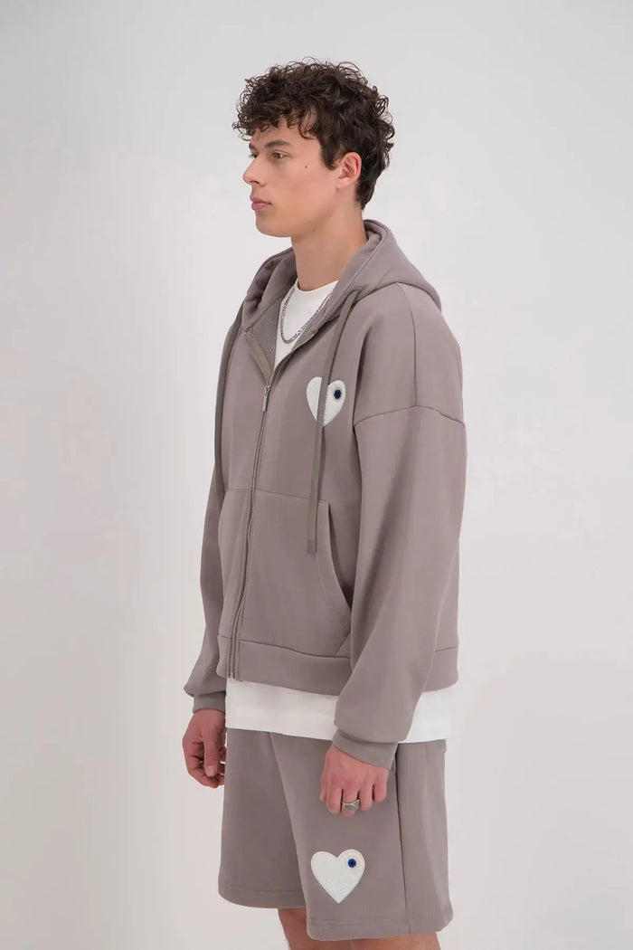 Veste Gris Coeur Blanc avec capuche et fermeture Zip bonhomme