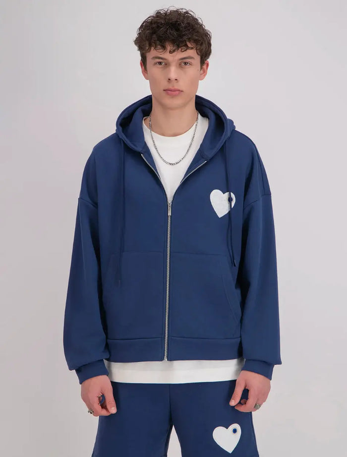 Veste gris Coeur blanc avec capuche et fermeture Zip bonhomme